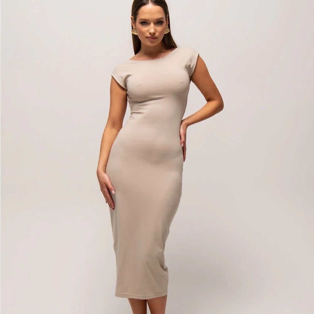 (sold)H&M Tan Bodycon Midi Dress Cap Sleeve Bateau Neckline Minimalist